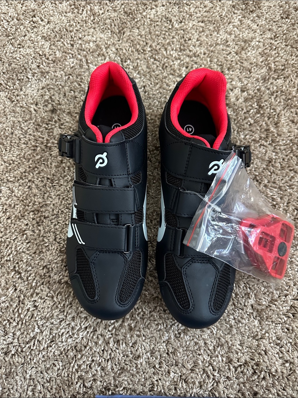 New Peloton stationary bike cycling shoes black and white with red delta cleats